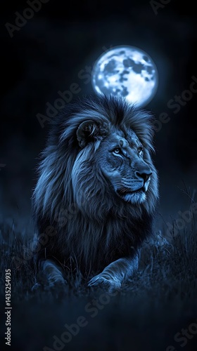 Majestic lion sits beneath bright moon in night grassland, portrait for natural and creative wallpaper