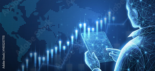 Broker trader analyzing global currency exchange and stock market charts.