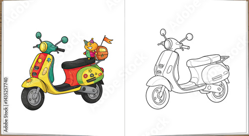 Coloring Book Delight: A vibrant illustrated scooter, alongside its line art counterpart, perfect for a coloring book or creative project, full of color and artistic inspiration.