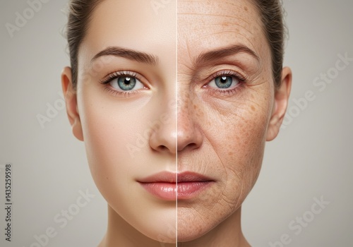 Ageing Skin Comparison: Youthful vs Mature - Split face showing the contrast between youthful and mature skin, highlighting the effects of aging. Ideal for skincare, anti-aging, and cosmetic products