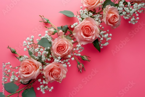 Lush bouquet of blush pink roses and ethereal babyâ€™s breath flowers surrounded by subtle green accents, arranged diagonally on a striking bright pink background.
