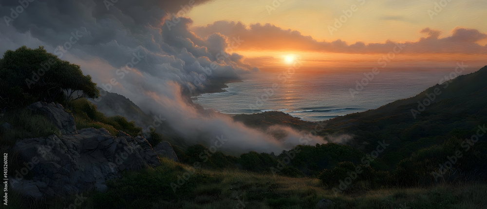 Naklejka premium Misty Sunrise Over Coastal Hills