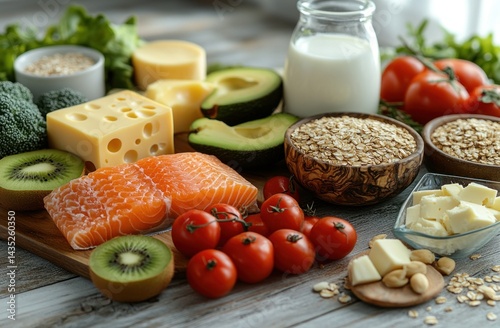 Assortment of wholesome foods arranged on a wooden surface. photo