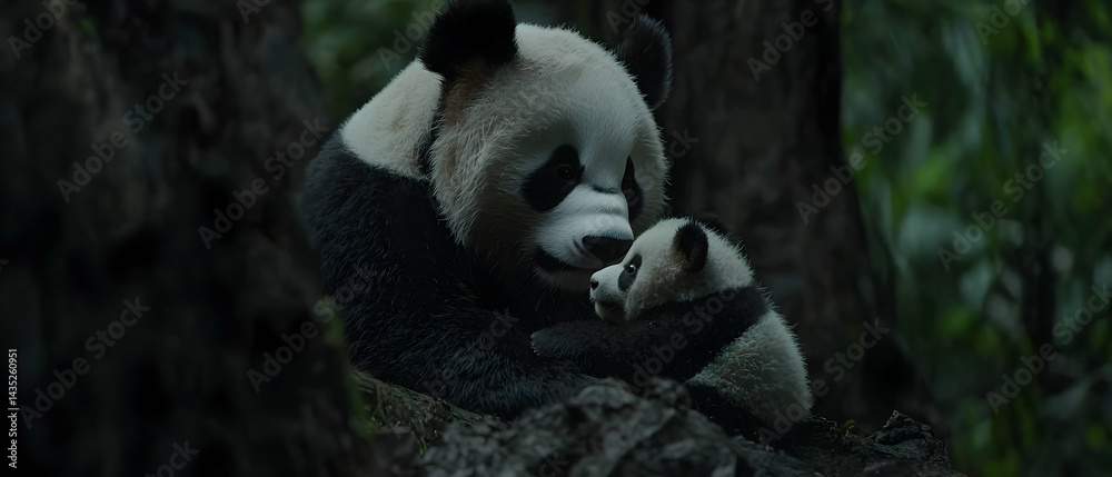 Fototapeta premium Panda Mother and Cub in Forest
