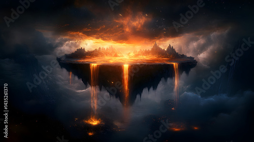 A floating island with waterfalls of lava dripping into the abyss of a dark realm.