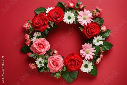 Lush floral wreath of red roses, pastel pink cosmos, and soft white daisies with fresh green leaves, arranged in an elegant circle, isolated on a bright crimson background.