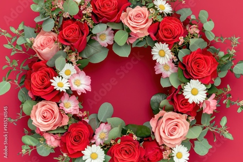 Lush floral wreath of red roses, pastel pink cosmos, and soft white daisies with fresh green leaves, arranged in an elegant circle, isolated on a bright crimson background.