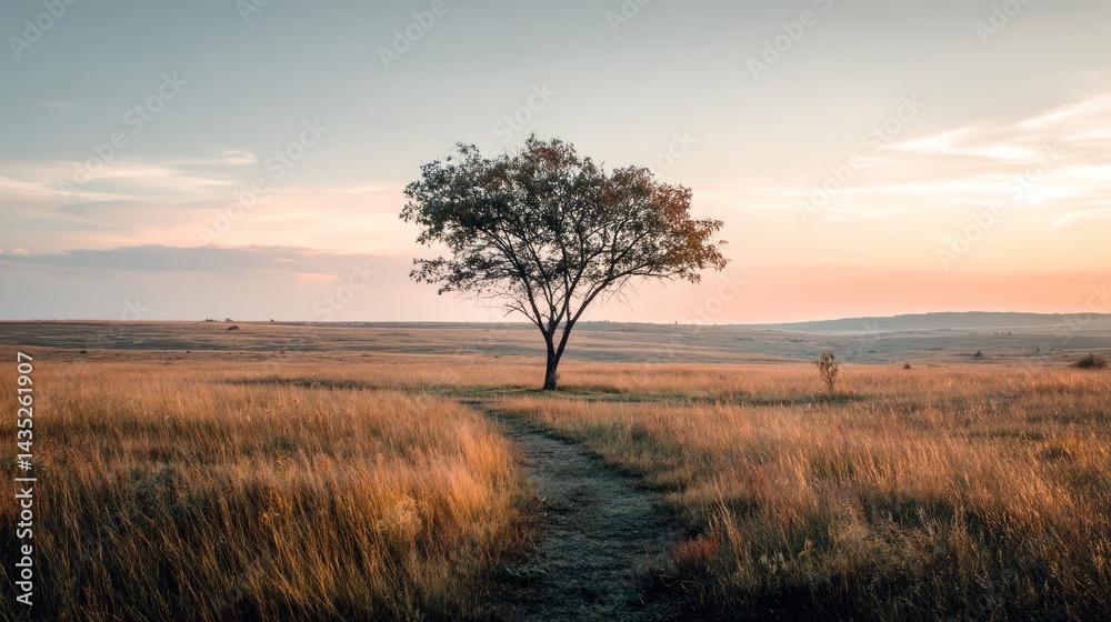 Fototapeta premium A serene landscape featuring a solitary tree in a golden field under a vibrant sky at sunset.