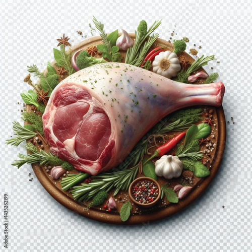 Raw Whole Lamb Leg Isolated on Transparent Background - Fresh Meat Cut for Cooking and Butchery 