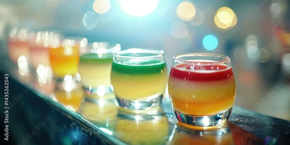 A party scene with colorful layered shots on a bar counter. A party scene with colorful layered shots on a bar counter.