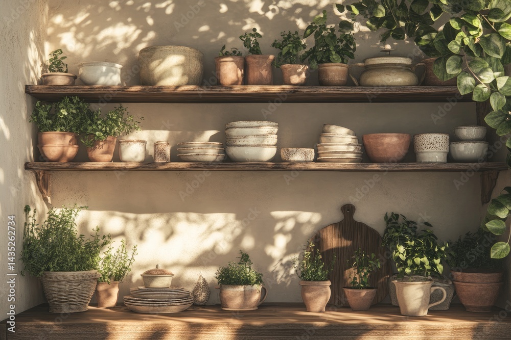 Rustic kitchen shelves, filled with plants and pottery, bathed in sunlight Shadows play on the light beige walls Rustic kitchen shelves, filled with plants and pottery, bathed in sunlight Shadows play on the light beige walls