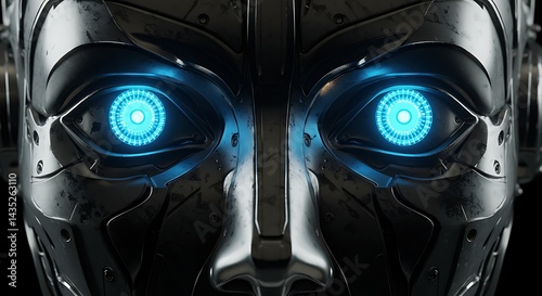 Robot Face with Glowing Blue Eyes Close Up Futuristic Design