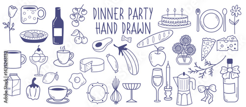 Dinner party hand drawn vector, doodle food