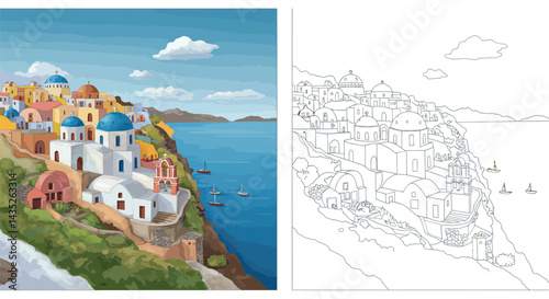 Santorini's Iconic Village: A captivating artistic portrayal of Santorini's cliffside village, showcasing its iconic white architecture and vibrant blue domes against the backdrop of the Aegean Sea. 