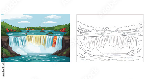 Niagara Falls: A vibrant portrayal of the majestic Niagara Falls, with cascading water, lush greenery, and a serene sky.