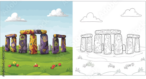 Stonehenge Color and Outline: A vibrant and enchanting artistic portrayal of Stonehenge.  The first shows the iconic stone structure in a colorful and painted state.