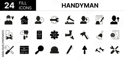 Collection of 24 handyman fill icons featuring editable strokes. These outline icons depict various modes of handyman, handyman, repairman, set, icon, accident, building, business, carpenter, carpente