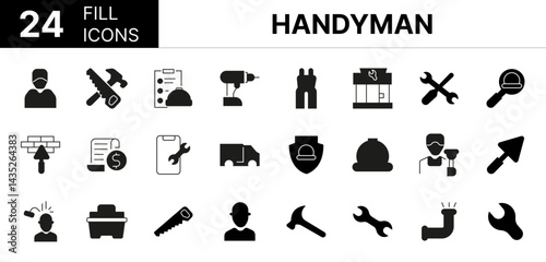 Collection of 24 handyman fill icons featuring editable strokes. These outline icons depict various modes of handyman, handyman, repairman, set, icon, accident, building, business, carpenter, carpente