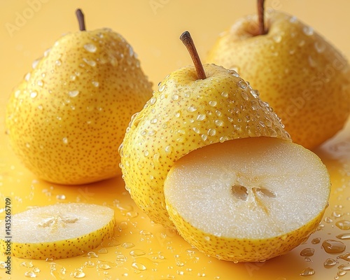 Freshly sliced yellow pears with water droplets on vibrant yellow background