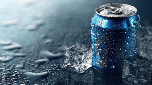 Chilled blue soda can with droplets on surface resting on ice cubes, perfect for refreshing moments. photo