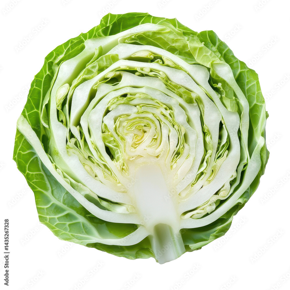 Fototapeta premium Freshly sliced cabbage presenting vibrant green layers on a white background for culinary use, Cabbage sliced isolated on white background