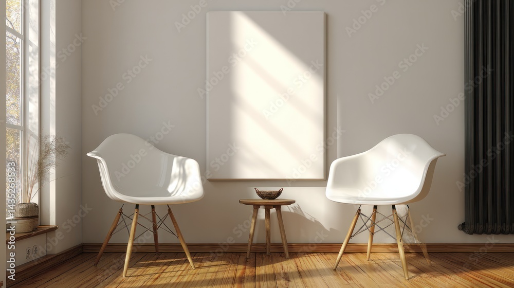 Fototapeta premium Minimalist living room with white chairs, empty canvas, and natural light creating a serene atmosphere.