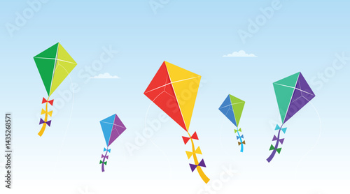 Colorful Kites Flying in Blue Sky for Pahela Baishakh Festival - Festive Outdoor Celebration, Summer Fun, Freedom Concept