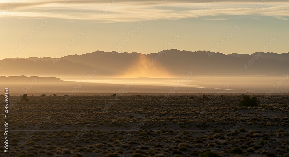 Naklejka premium Serene Sunset over Desert Landscape: Golden Rays Illuminate Mountain Range