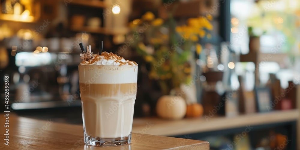 A pumpkin spice latte in an autumn-themed café. A pumpkin spice latte in an autumn-themed café.