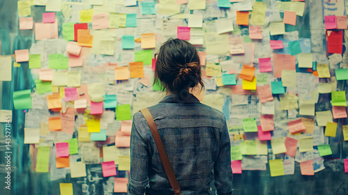 Young entrepreneur planning a startup launch with sticky notes covering a wall (4)