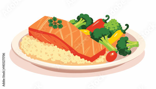 Delicious salmon fillet served with colorful vegetables and couscous  