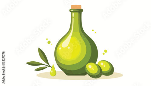 Olive oil bottle with olives and olive leaves in a minimalist style  