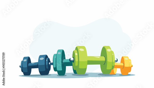Colorful dumbbells arranged in a row against a soft background  