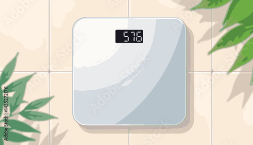 Digital bathroom scale displaying weight against tiled background  