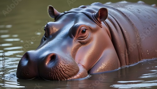 A stunning close-up captures the captivating gaze of a hippopotamus in its natural habitat.