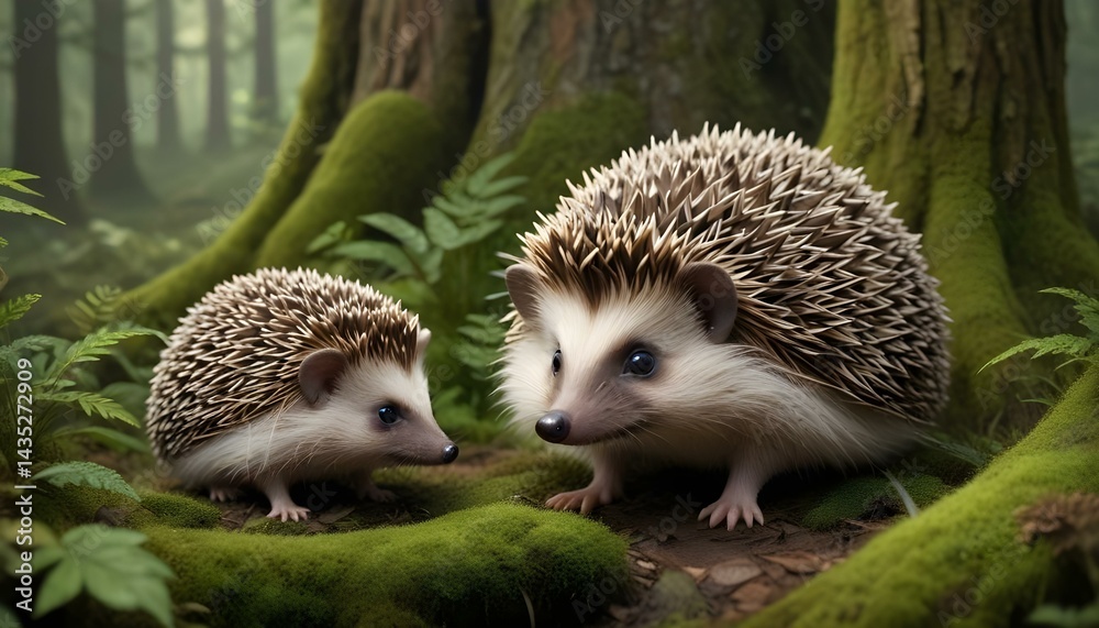 Fototapeta premium Two adorable hedgehogs, a mother and her baby, in a serene forest environment, looking curious.
