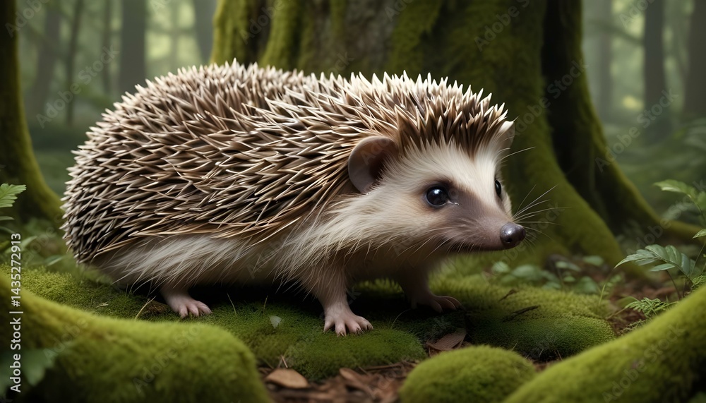 Fototapeta premium A charming hedgehog investigates the undergrowth of a serene, moss-covered forest setting.