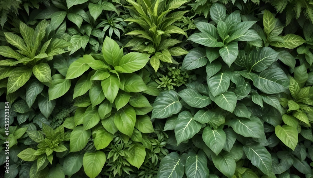 Fototapeta premium Vibrant green plant leaves fill the frame, creating a dense and textured backdrop.