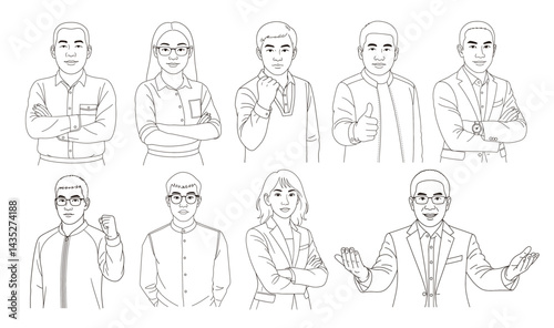 Business people line art illustration collection with different gestures and professional outfits