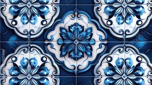 Ornate, decorative, blue and white tile design.  Intricate floral patterns create a visually stunning effect