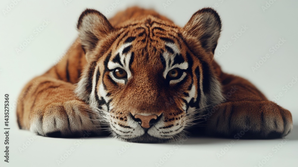 Obraz premium Tiger lying down staring at the camera, isolated on white