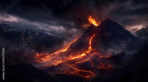 A glowing volcanic eruption with lava spurting from a crater, sending fiery lava rivers down into the valley below, illuminating the rugged terrain.
