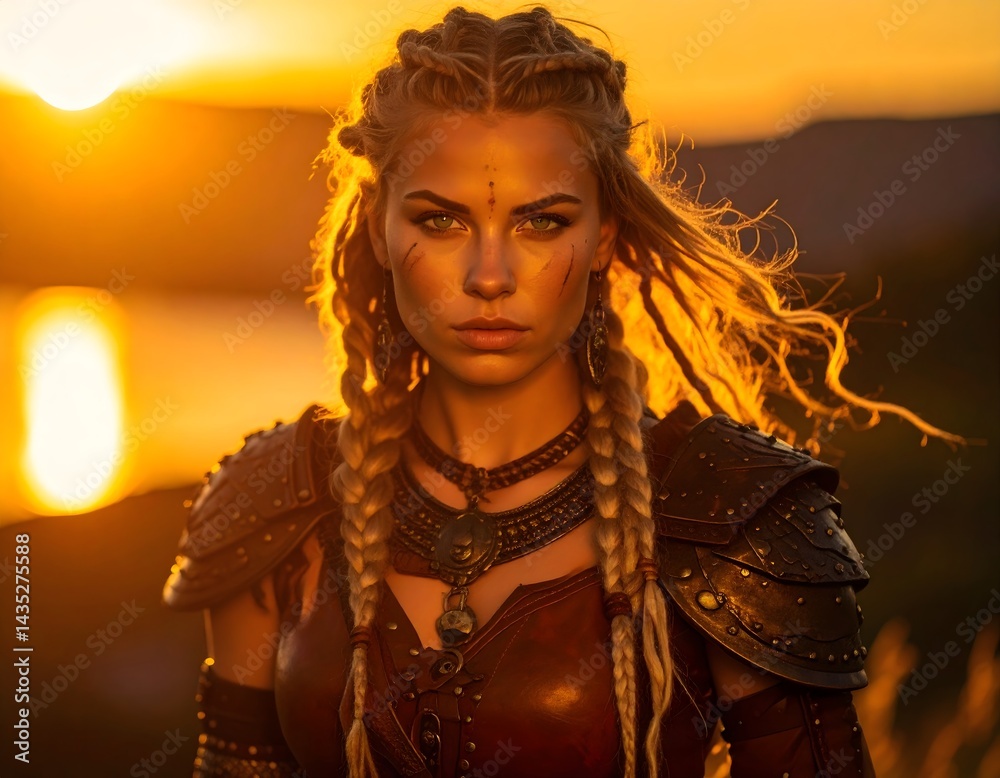 Beautiful young blonde Viking woman with piercings and dreadlocks and a cheeky look wears leather armor and jewelry