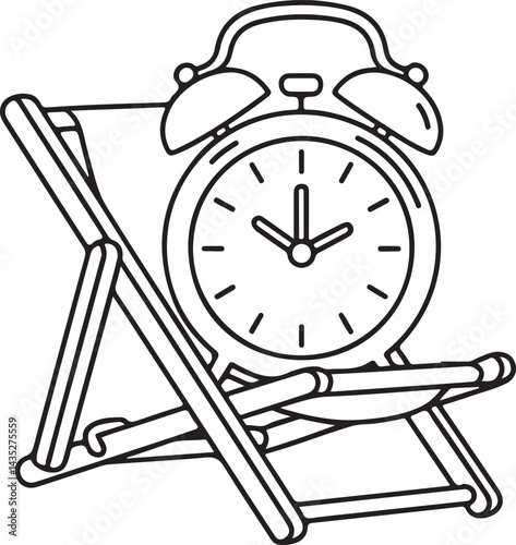 Minimal line art alarm clock relaxing on a beach chair, vacation travel design