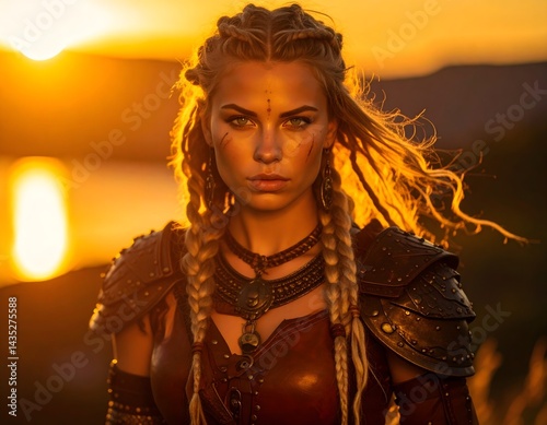 Obraz na płótnie Beautiful young blonde Viking woman with piercings and dreadlocks and a cheeky look wears leather armor and jewelry w salonie