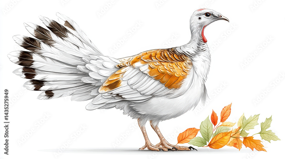 Fototapeta premium Realistic turkey photo isolated on white background with fall leaves art.