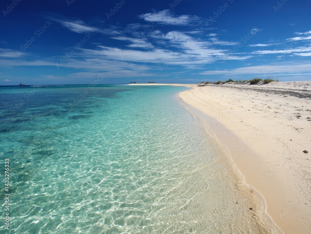 Serene tropical beach with turquoise water and white sand under a clear blue sky creating a tranquil paradise for relaxation and vacation getaway scenic view Serene tropical beach with turquoise water and white sand under a clear blue sky creating a tranquil paradise for relaxation and vacation getaway scenic view