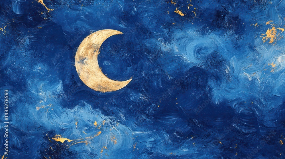 Glowing moon on a blue sky abstract background. Seamless vector pattern in the style of impressionist paintings.