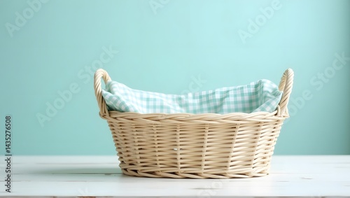 Wicker Basket with Teal Cloth on Rustic Table, Light Blue Wall Kitchen Mockup for Product Display, Empty wicker basket with tablecloth on rustic table over pastel light blue wall background.