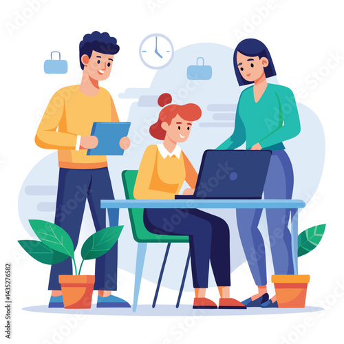 man sitting at his desk working on laptop, with woman standing near him holding phone, designed in flat style vector 

